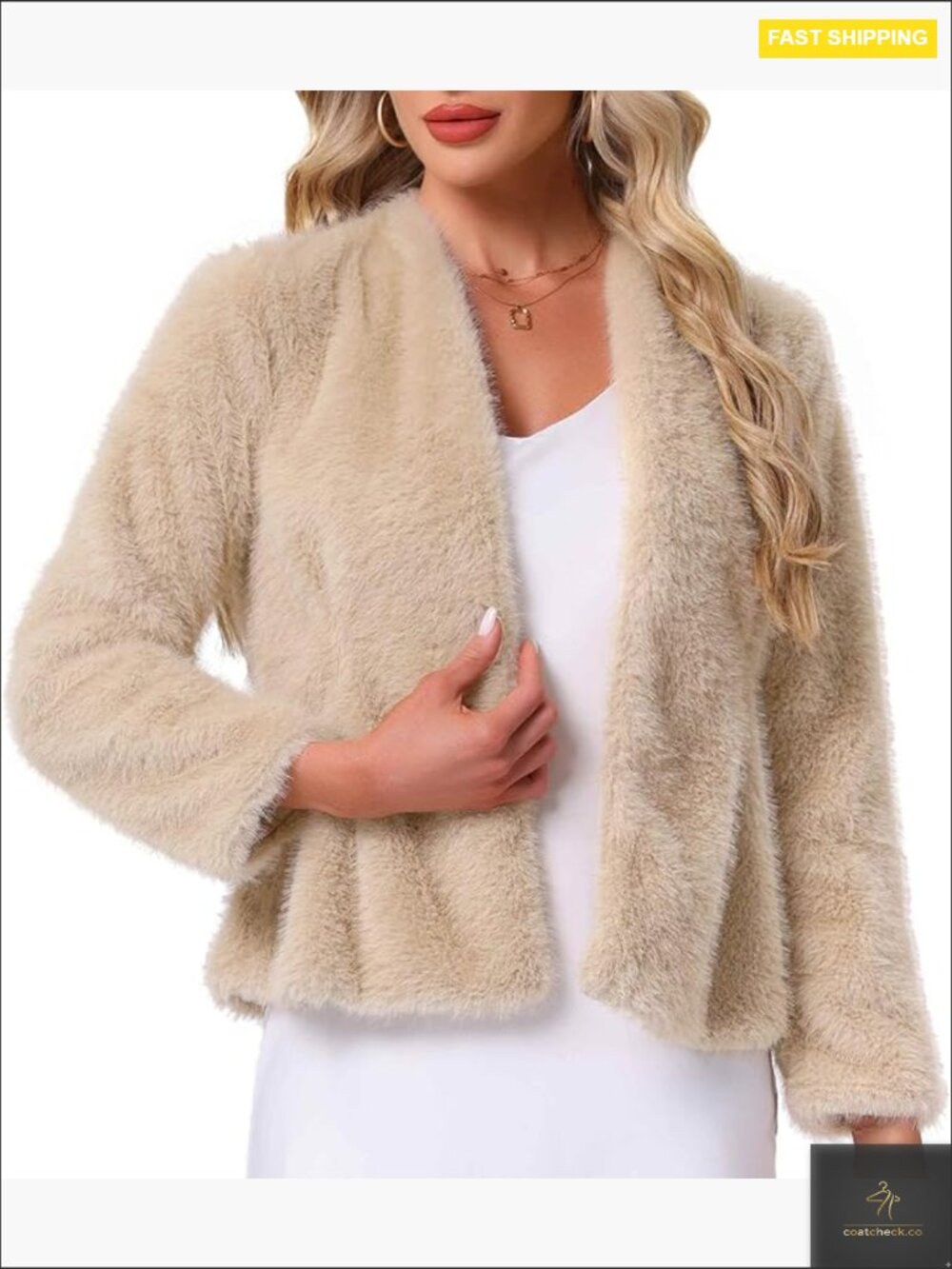 Faux Fur Coat Collarless Long Sleeve Open Front Fluffy Evening Overcoat Wedding
